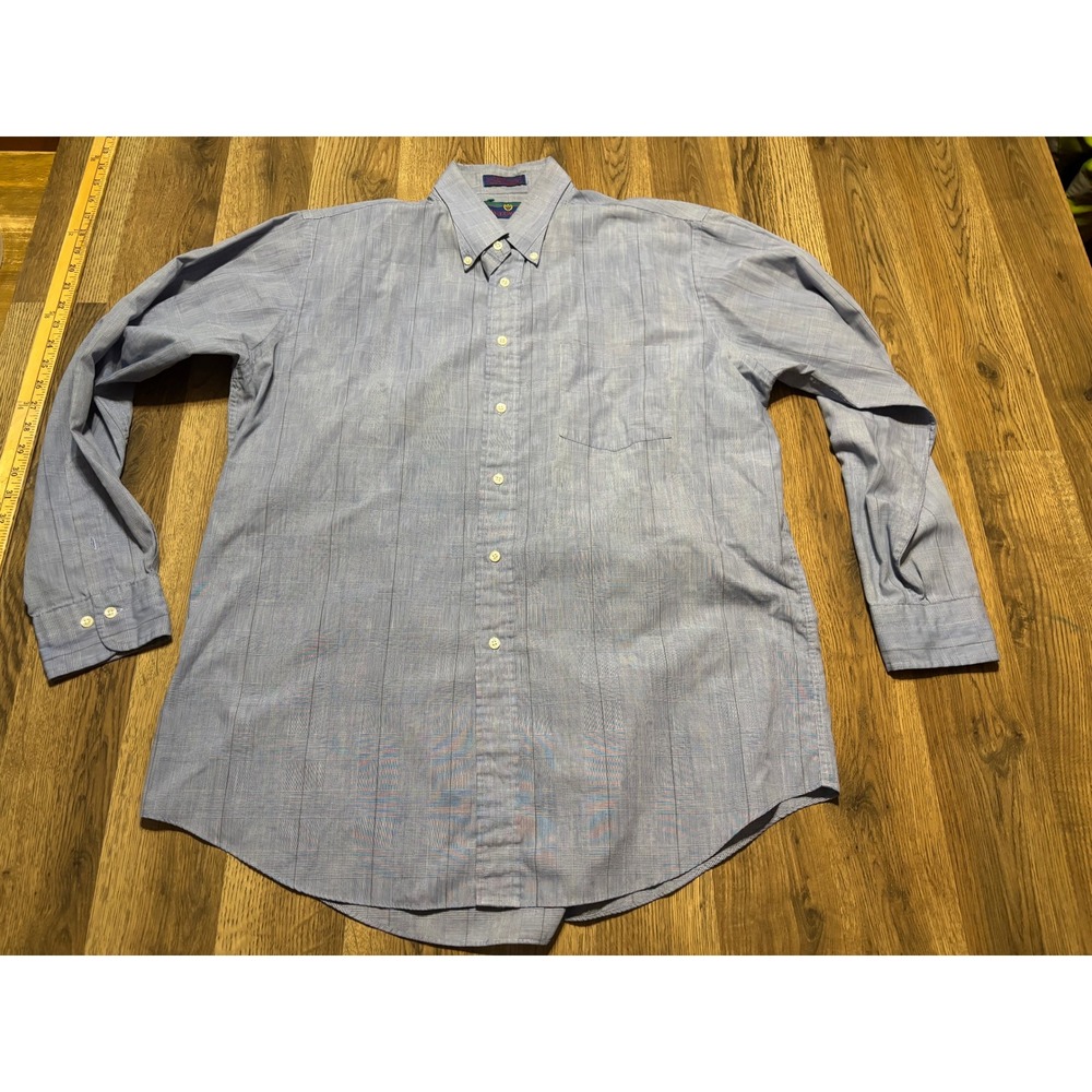Woodward Button Down Shirt Mens 17 34/35 Blue Adult Plaid Long Sleeve Excellent
